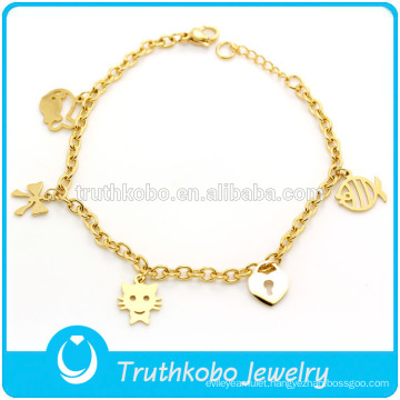 TKB-JB0020 Adorable hollow gold with lovely cat,fish ,bow and handbag shape 316L stainless steel bracelets & bangles